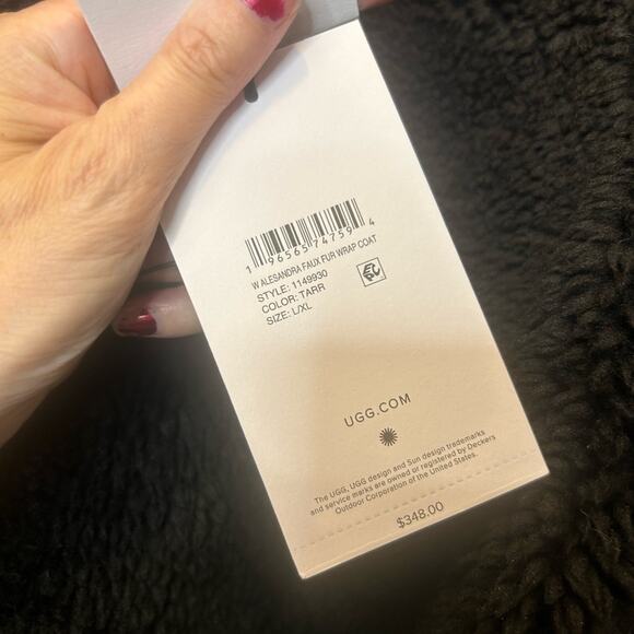 UGG Alesandra Faux Fur Wrap Coat Black Pockets Tie Waist Long Trench L / XL NWT - Picture 7 of 10